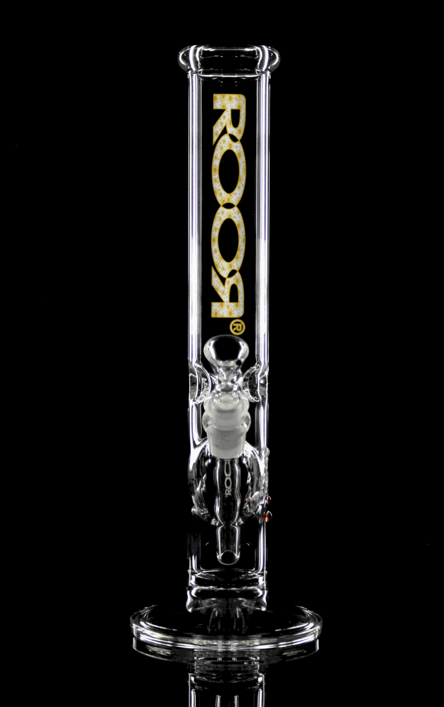 ROOR Classic 14-inch straight glass bong with gold logo and daisy flower decal on black background
