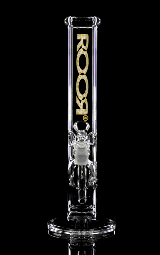 ROOR Classic 14-inch straight glass bong with gold logo and daisy flower decal on black background