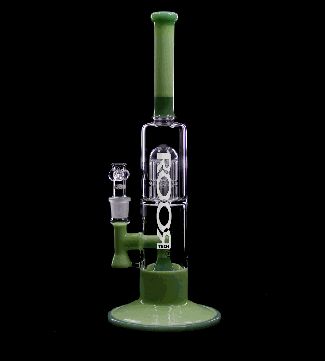 ROOR Tech Fixed 14” Stemless Bubbler in Milky & Mint green with dual percolators and 18.8mm joint.