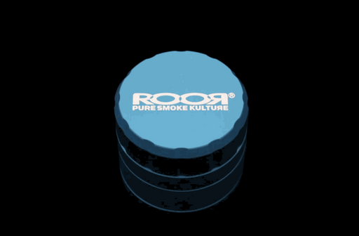 ROOR® medium 4-piece aerospace grade aluminum grinder in blue with white logo and large pollen basin