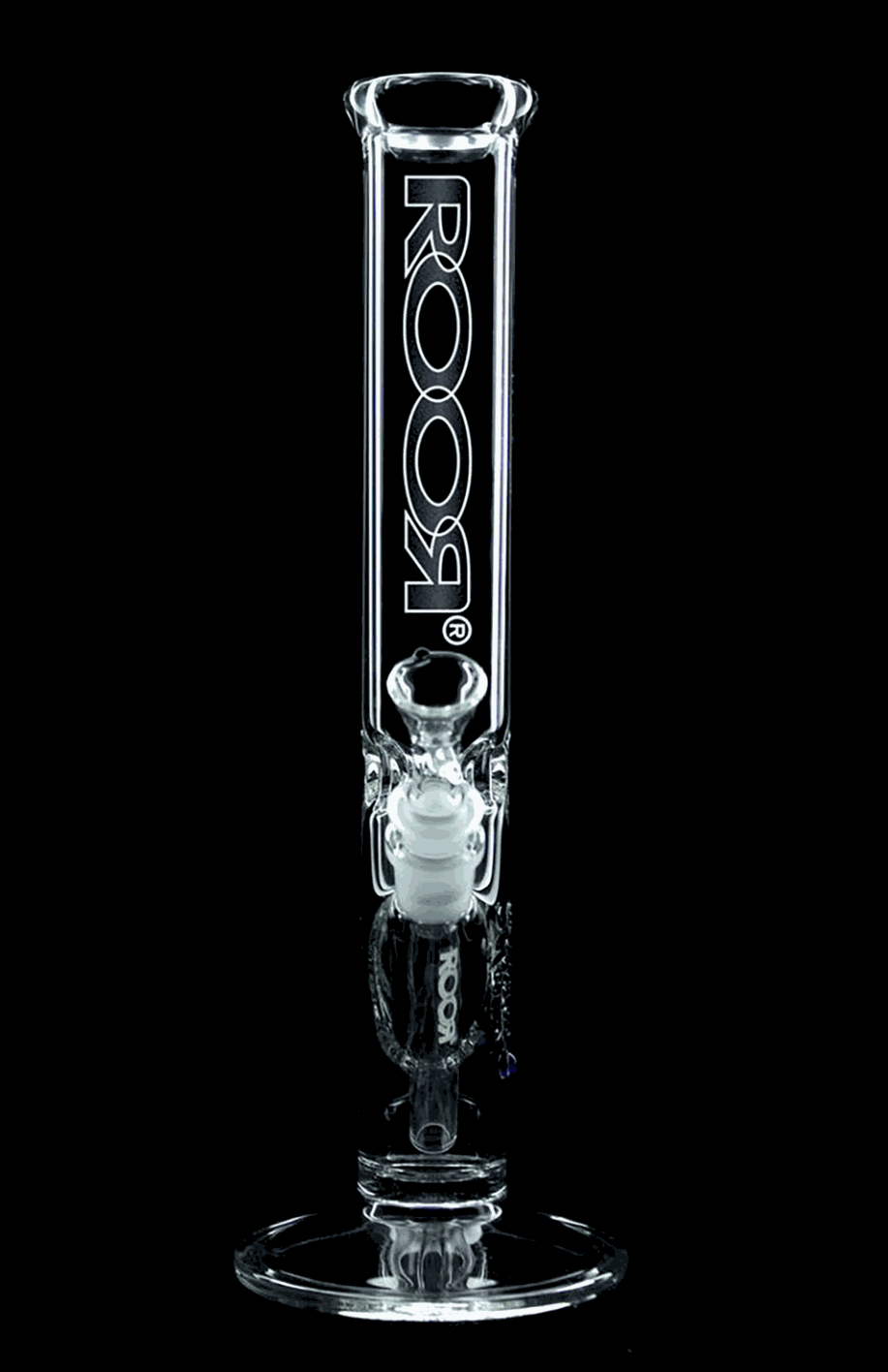 ROOR® Classic 14" Straight Black & White glass tube with unique signature, featuring ice pinches and downstem for cooler hits.