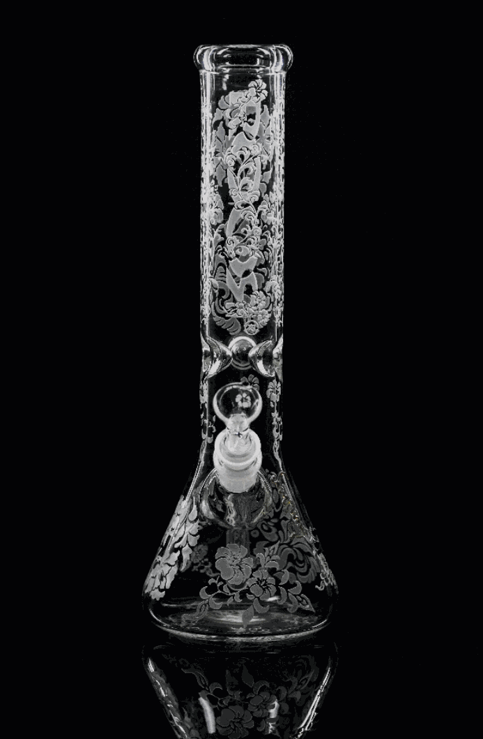 ROOR® Sandblasted 14" Beaker with floral design, crafted from 45mm x 5mm German Schott glass.