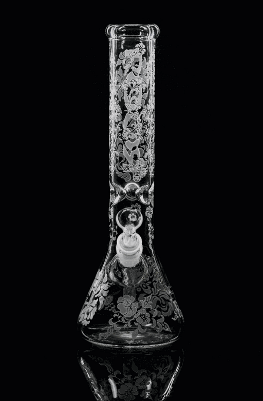 ROOR® Sandblasted 14" Beaker with floral design, crafted from 45mm x 5mm German Schott glass.