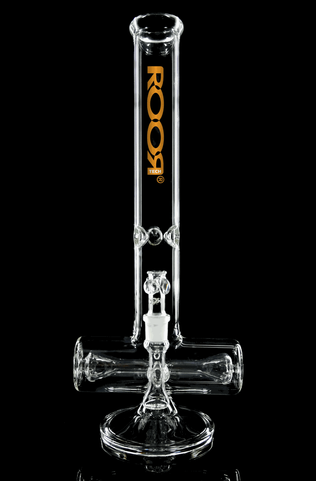 ROOR Tech 18” Inline clear glass water pipe with orange logo and built-in percolator and ash catcher.