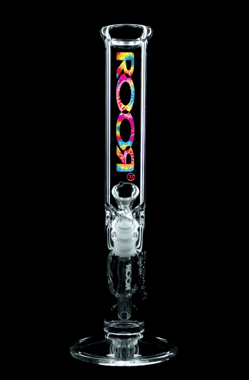ROOR® Classic 14" Straight 50x5mm glass bong with colorful tie dye logo on black background