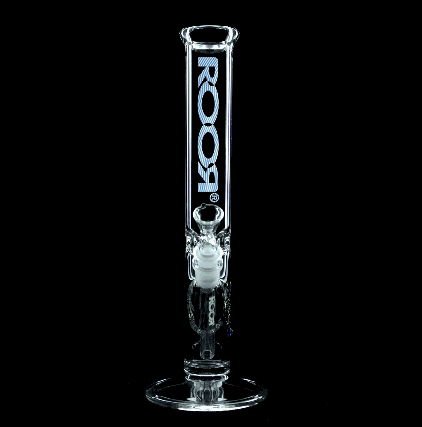 ROOR® Classic 14" Straight 50x9mm glass tube with Too Blue decal on black background.
