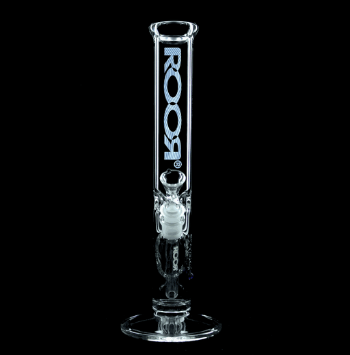 ROOR® Classic 14" Straight 45x5mm glass tube with Too Blue decal, featuring ice pinches and low profile downstem.