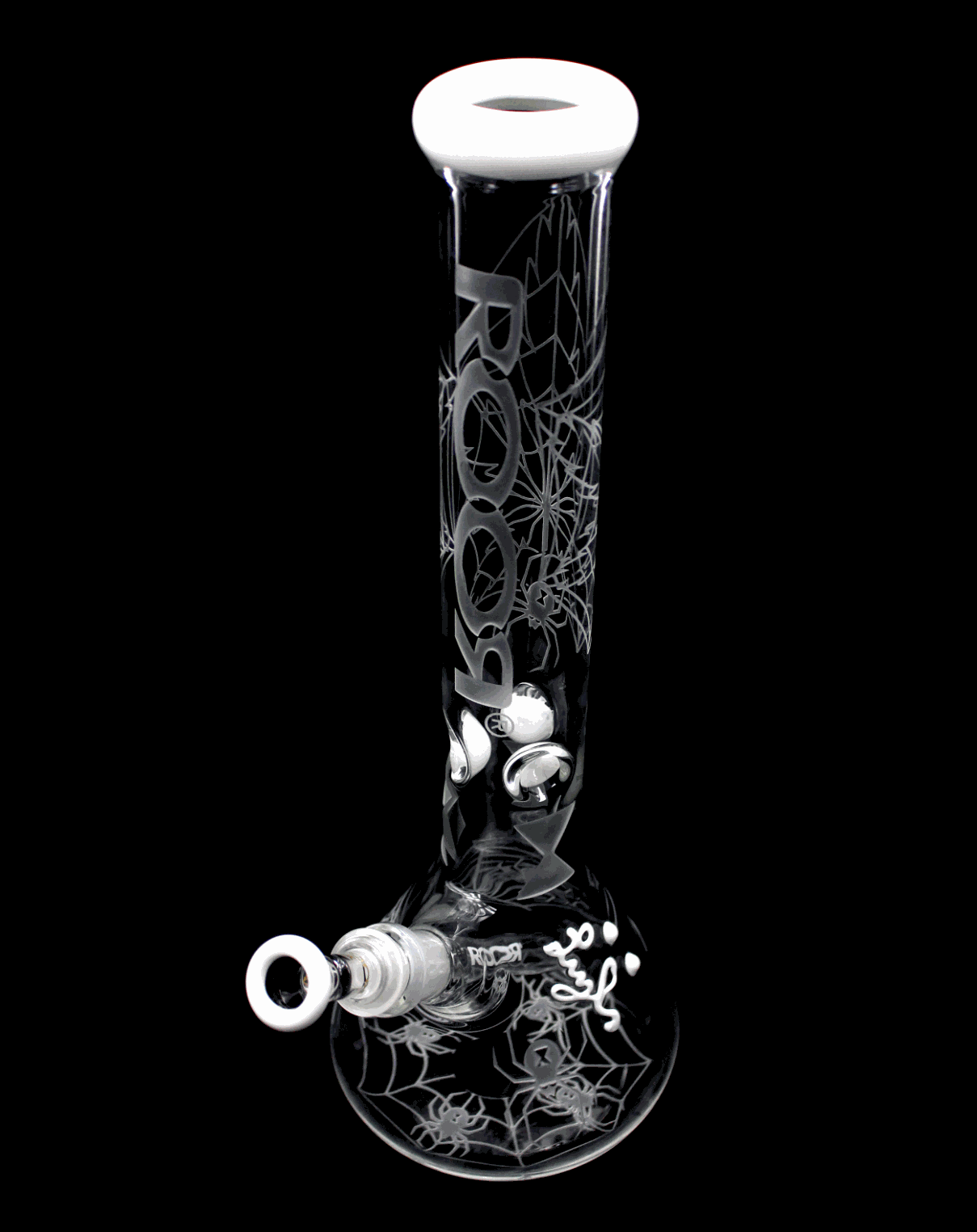 ROOR® White Widow 14 inch beaker bong with 45x5mm custom sandblasted glass and white accents