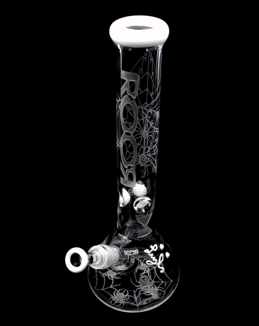 ROOR Custom White Widow 18" Beaker 50x5mm, fully sandblasted glass with colored accents.
