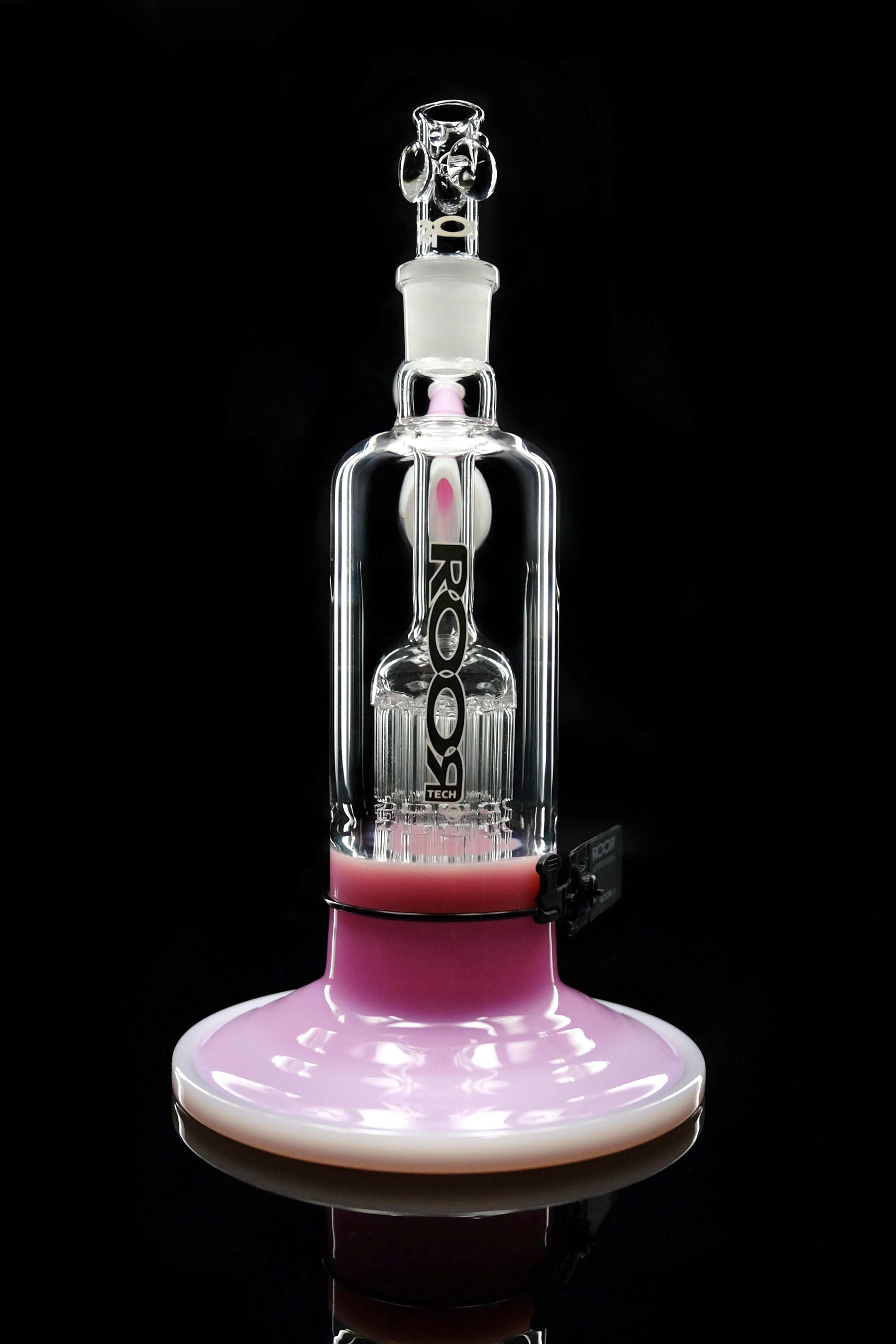 ROOR Tech Fixed 10-Arm Tree Bubbler in pink and white glass with 10-arm tree percolator and stemless design