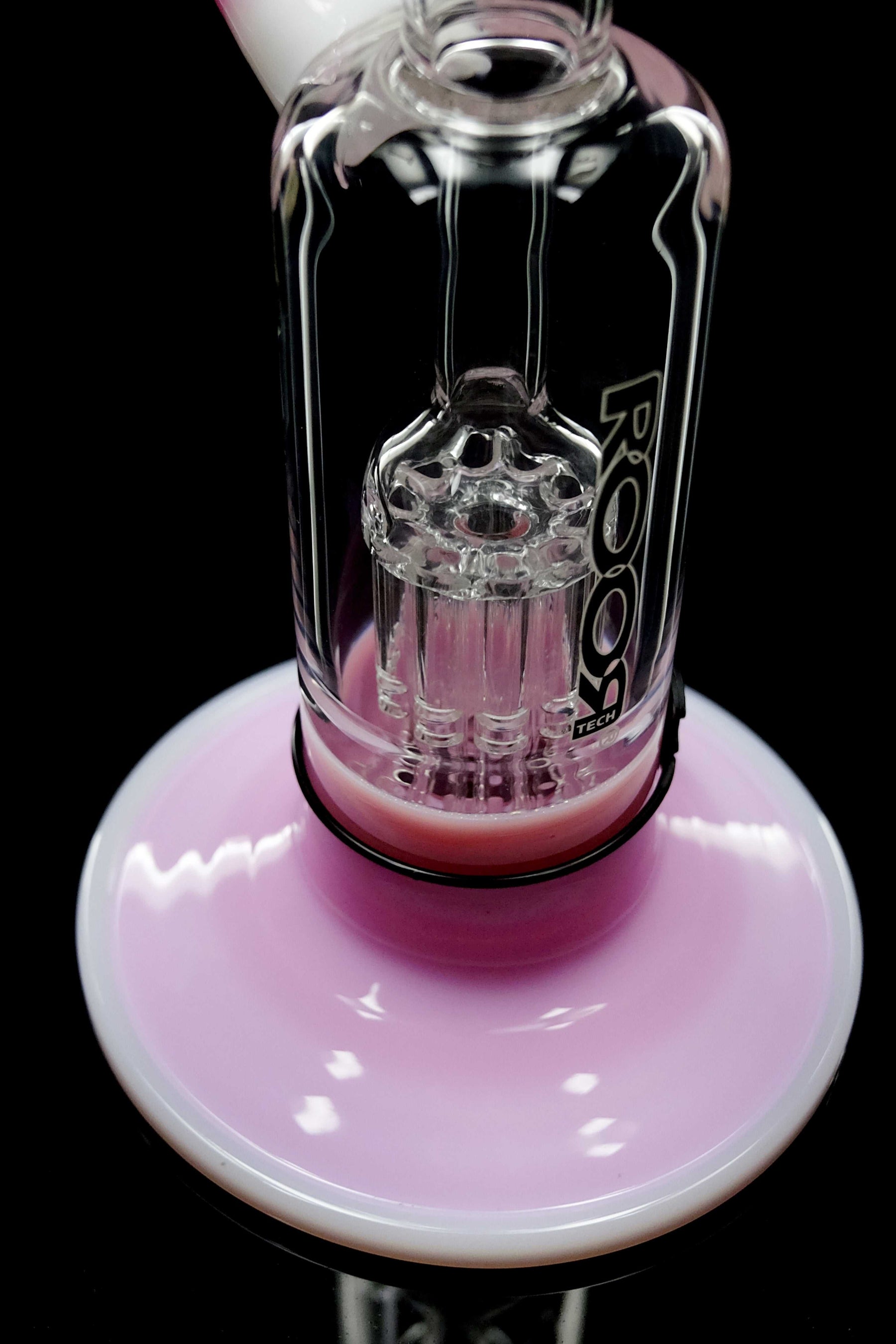 Close-up of ROOR Tech Fixed 10-Arm Tree Bubbler in pink and white glass with clear percolator details