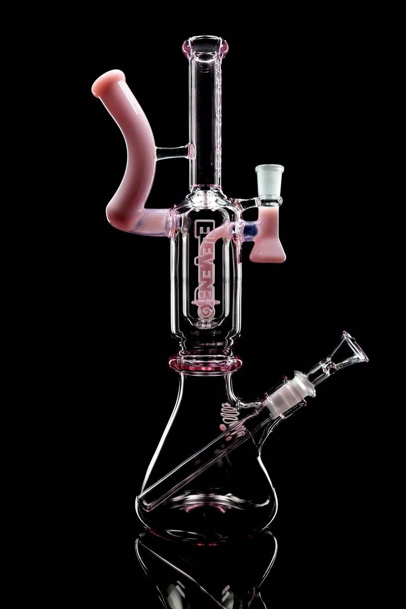 1130 Beaker Pink glass water pipe with dual-purpose, percolated design.
