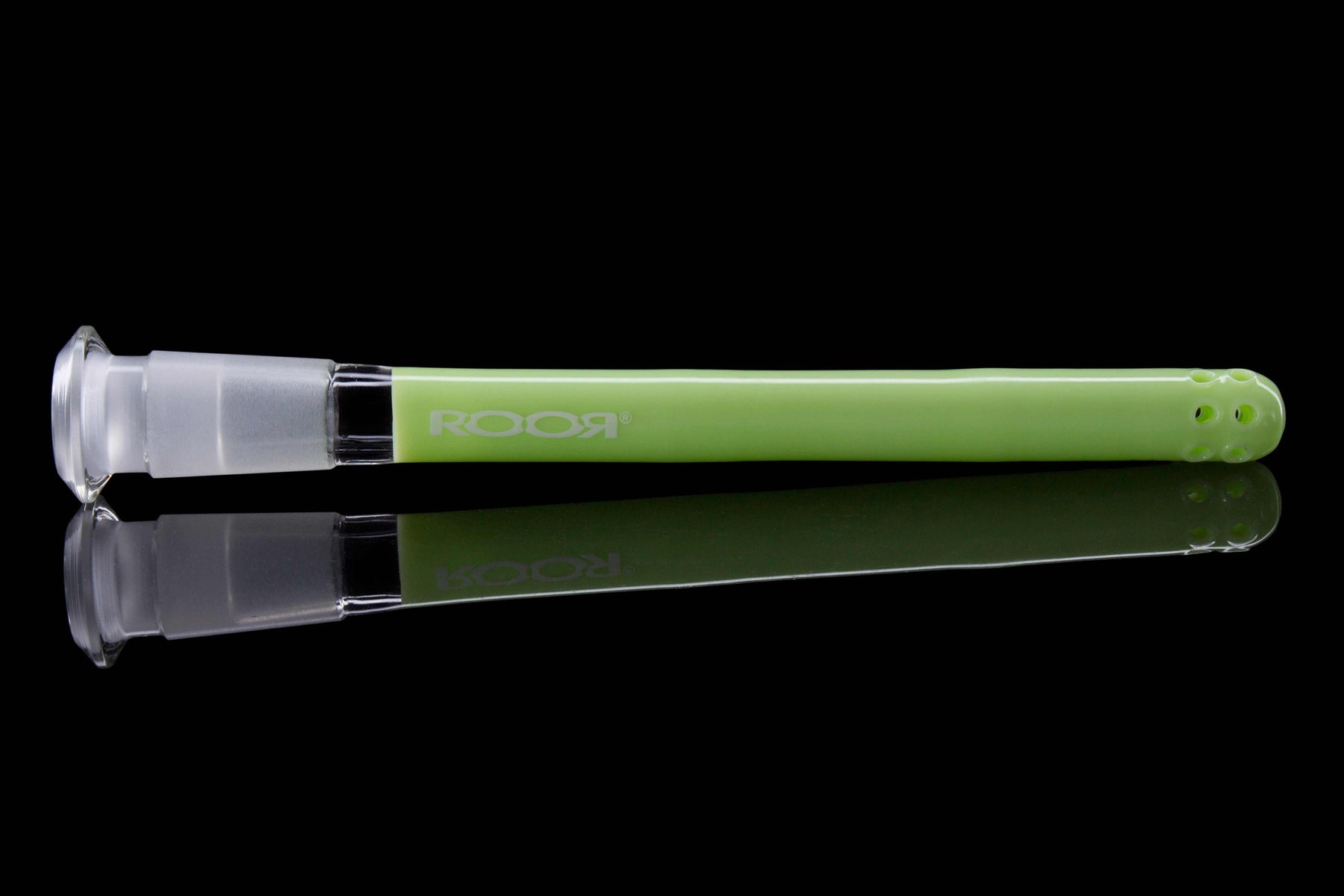 ROOR® Reducing 13-Hole Diffused Low-Profile Downstem Straight 18.8mm with green glass and glass joint reflection on black background