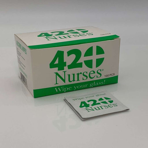 Box of 420Nurses® Alcohol Prep Pad Wipes with one visible packet, 100 pieces per box.