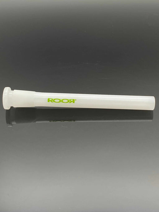 ROOR® Reducing Low-Profile Open-Ended Downstem Full White 5" with green decal, compatible with 18mm female joints.