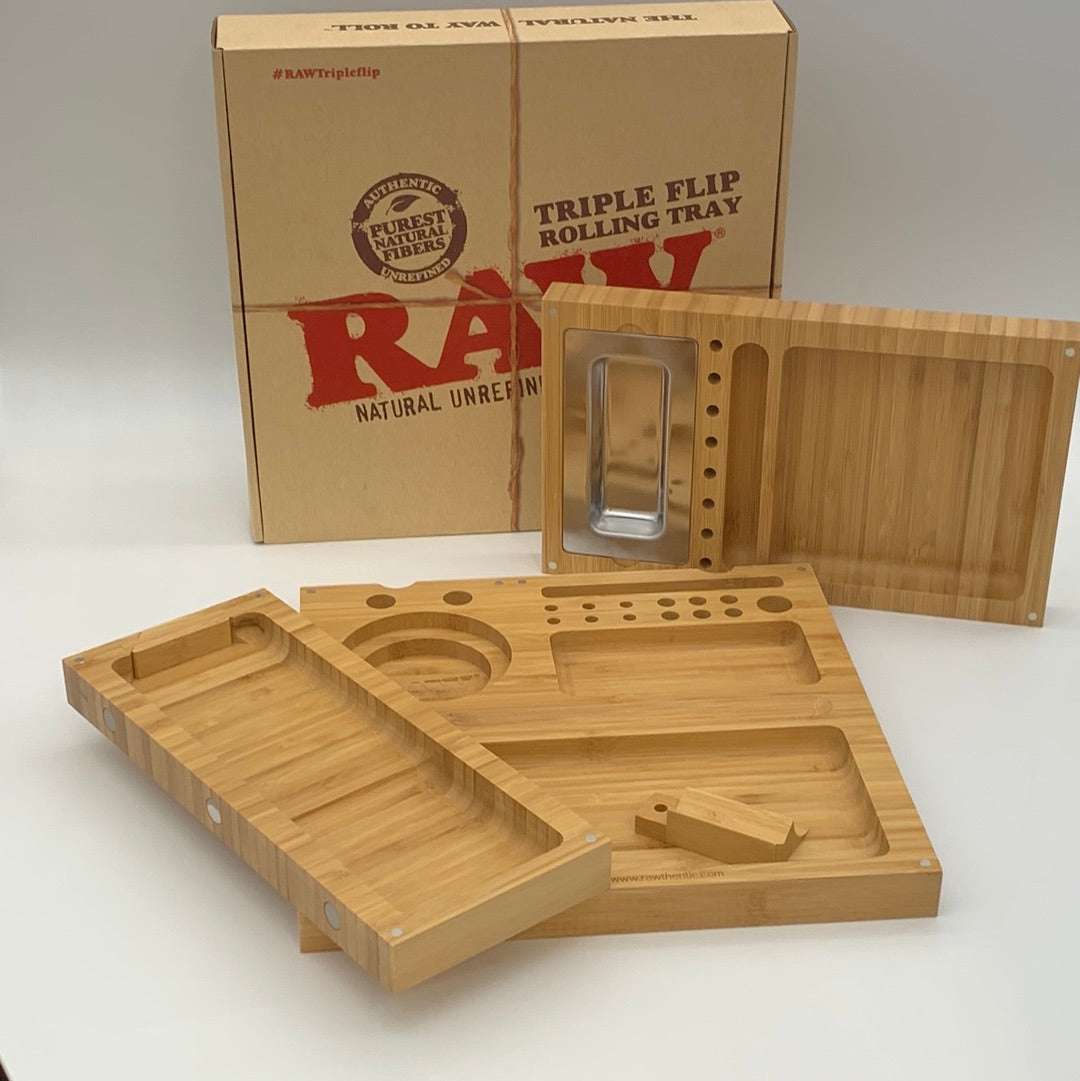 RAW Triple Flip Rolling Tray set with magnetic locking system and integrated ashtray made of natural bamboo wood