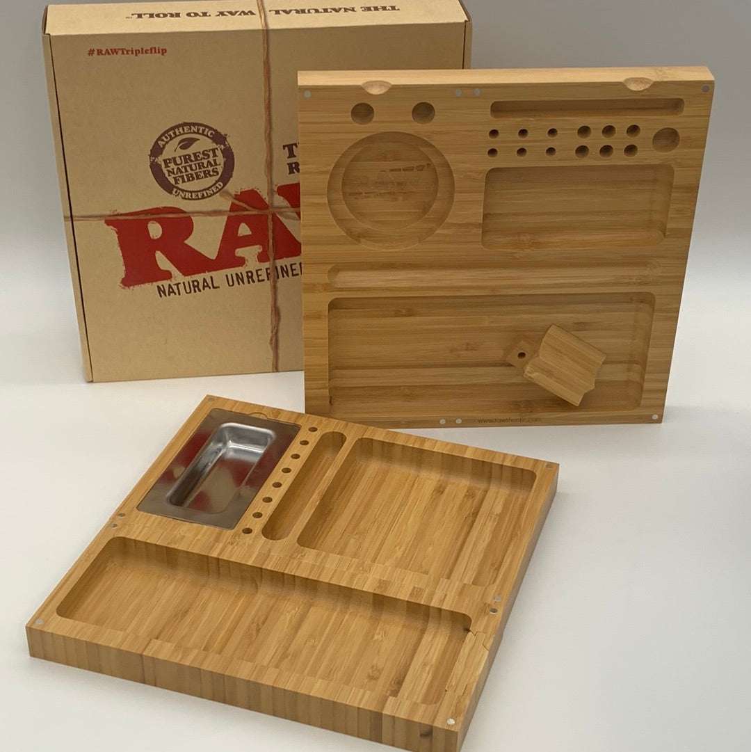 RAW Triple Flip Rolling Tray bamboo with multiple compartments and included box packaging