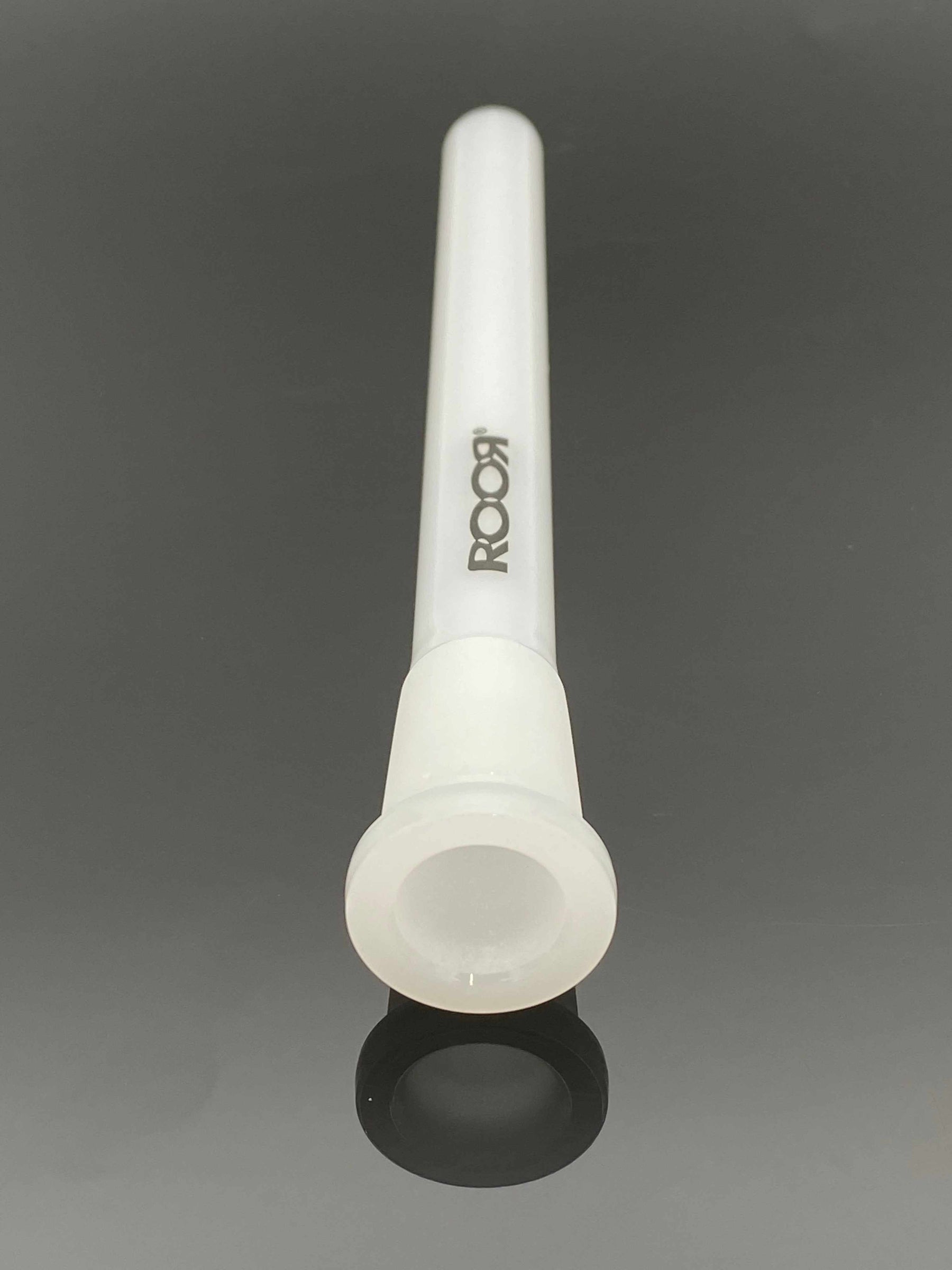 ROOR® Reducing Low-Profile Open-Ended Downstem Full White 5½" on black background.