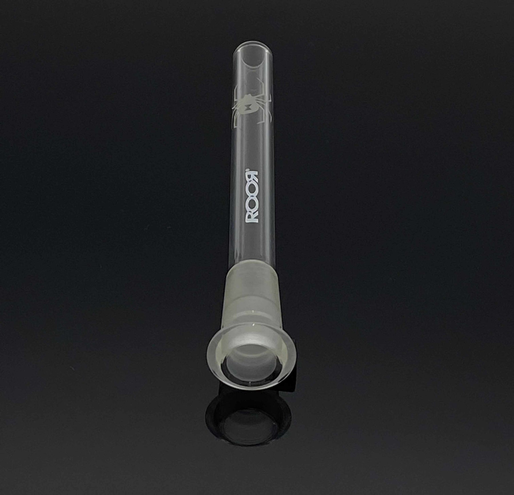 ROOR® STRAINS White Widow Sandblasted Open Ended Reducing Low-Profile Downstem 5 ¼" with logo and design on clear glass tube