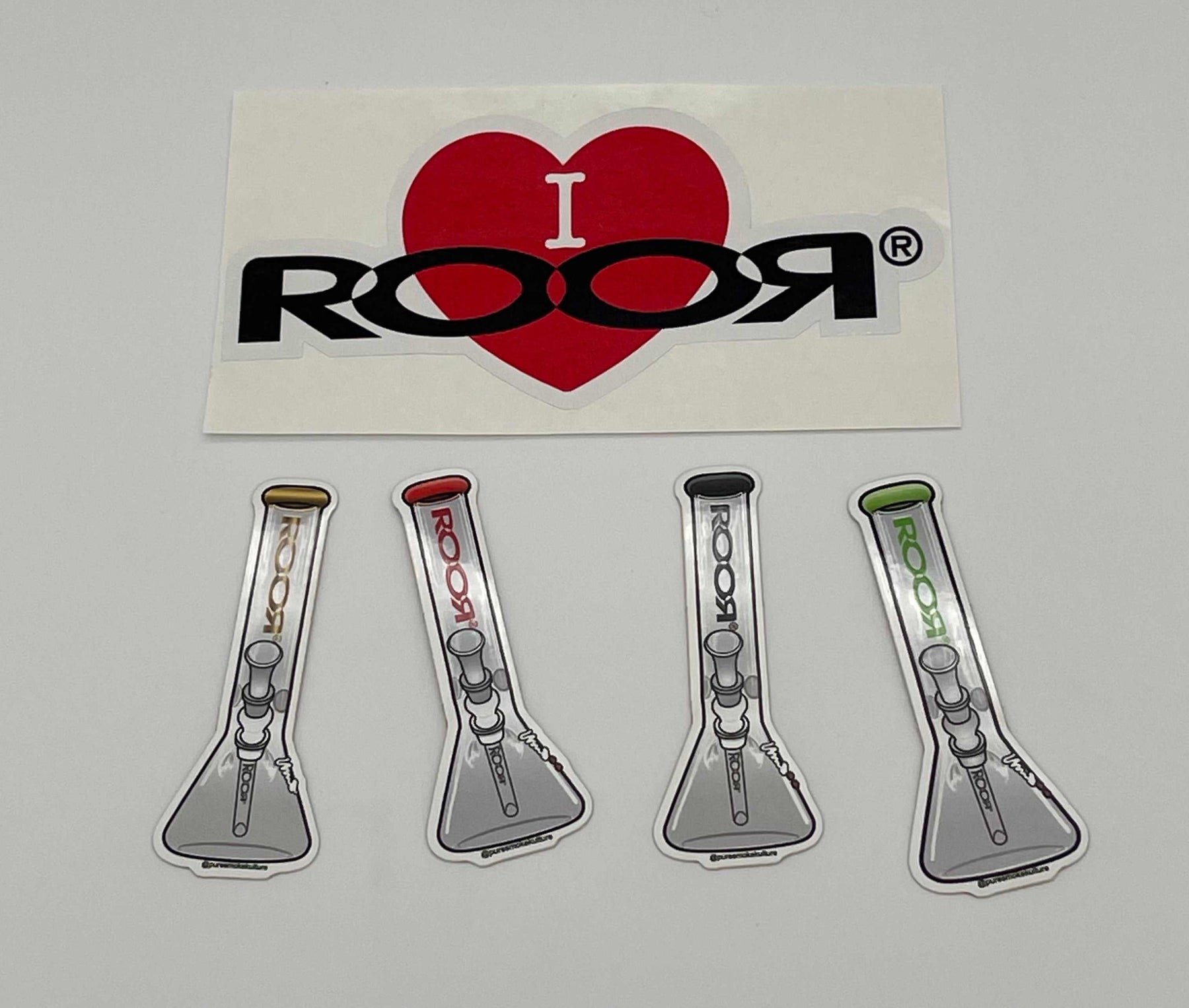 ROOR collectible mini stickers set featuring beaker designs and I love ROOR logo sticker on white background