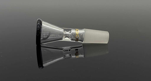 ROOR Custom Colored Rim Black 14.5mm glass funnel bowl with gold decal on reflective surface