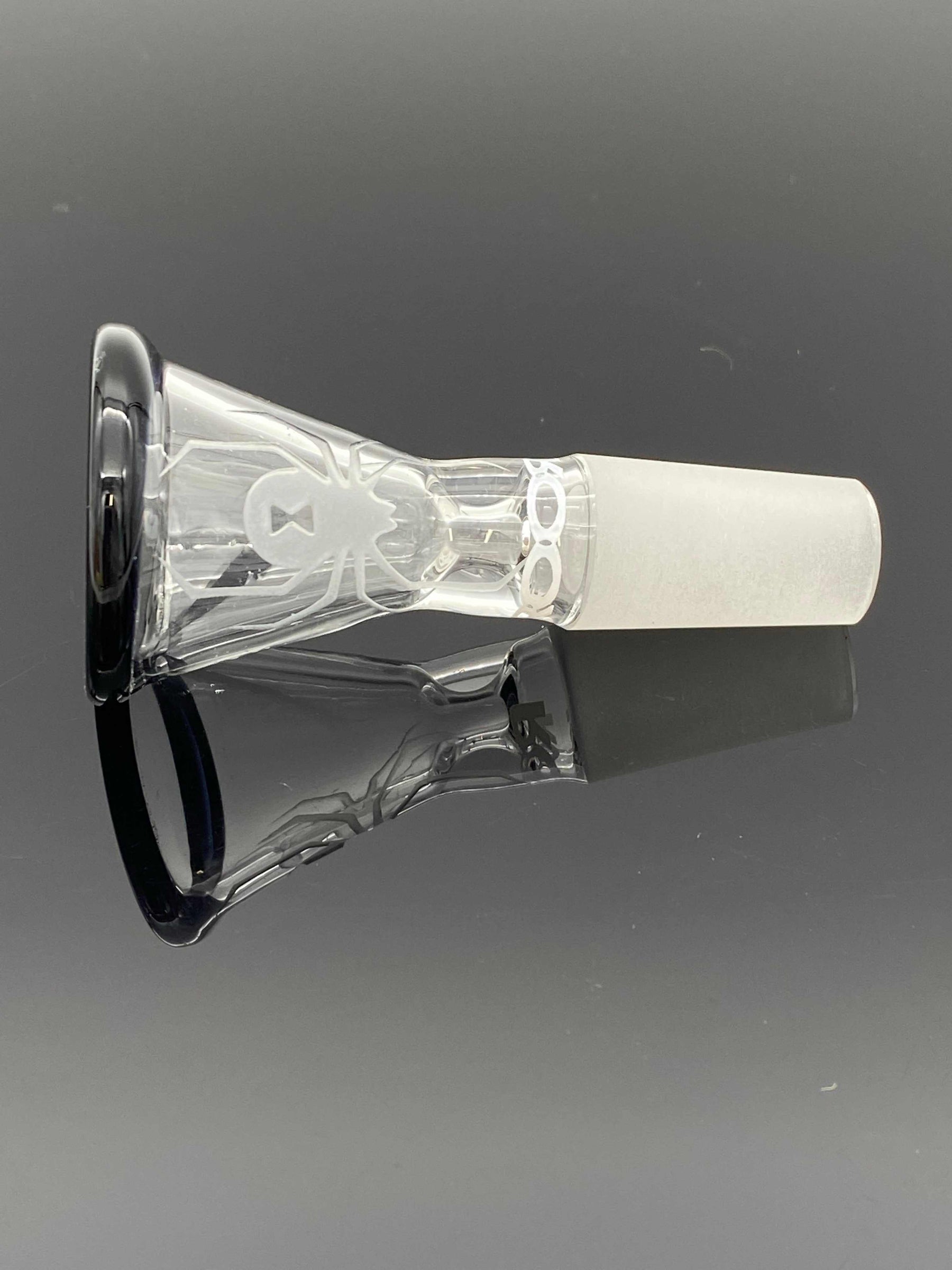 14.5mm ROOR Strains custom funnel bowl with sandblasted White Widow design and black color rim