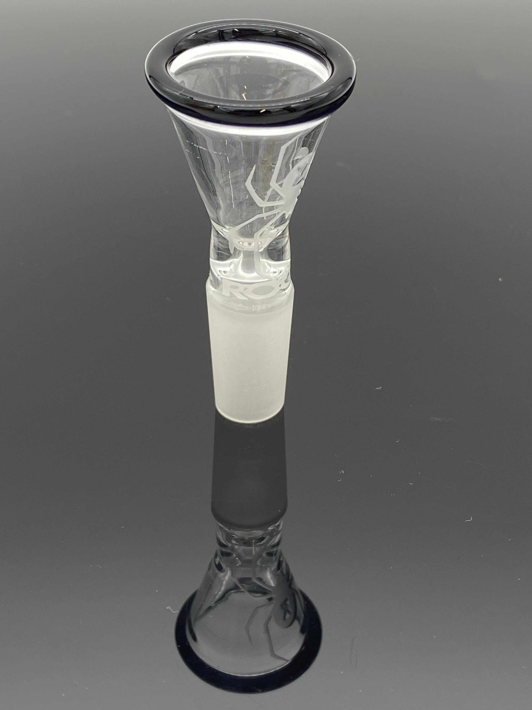 14.5mm ROOR Strains custom funnel bowl with sandblasted White Widow design and black color rim