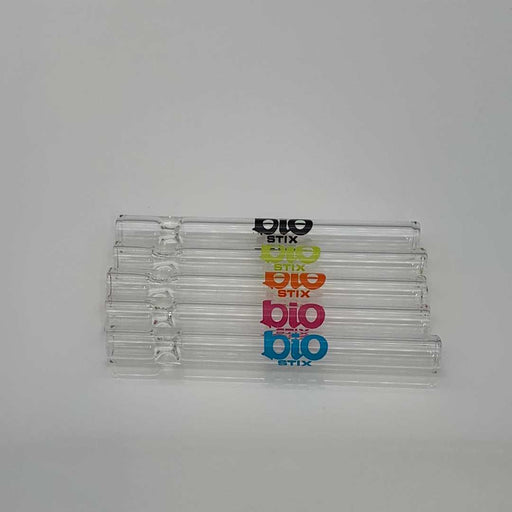 Bio Stix Chillum glass one-hitter with colorful decals, durable borosilicate construction.