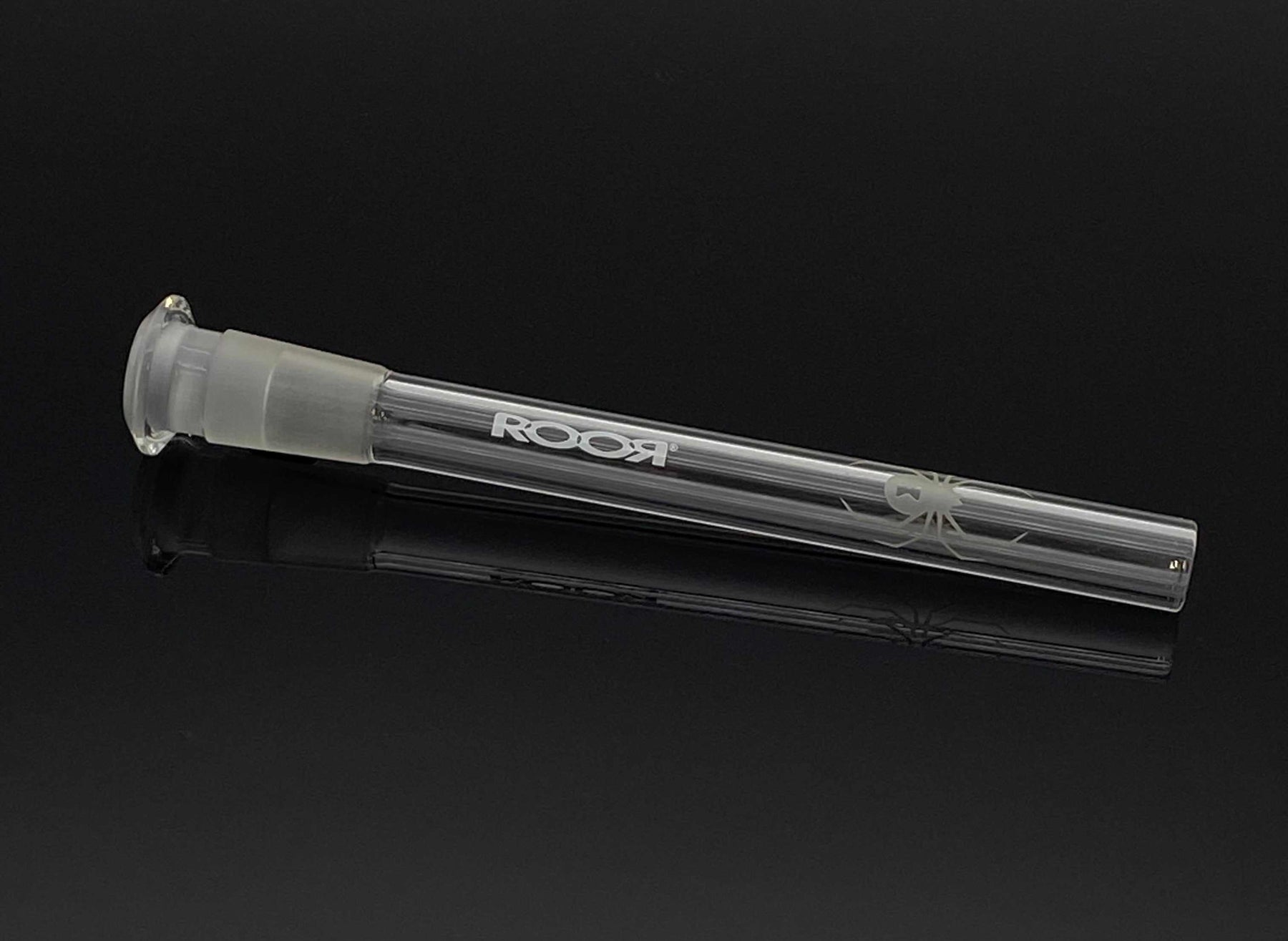ROOR® STRAINS White Widow design sandblasted open-ended reducing low-profile glass downstem 5 ¼ inch on black background