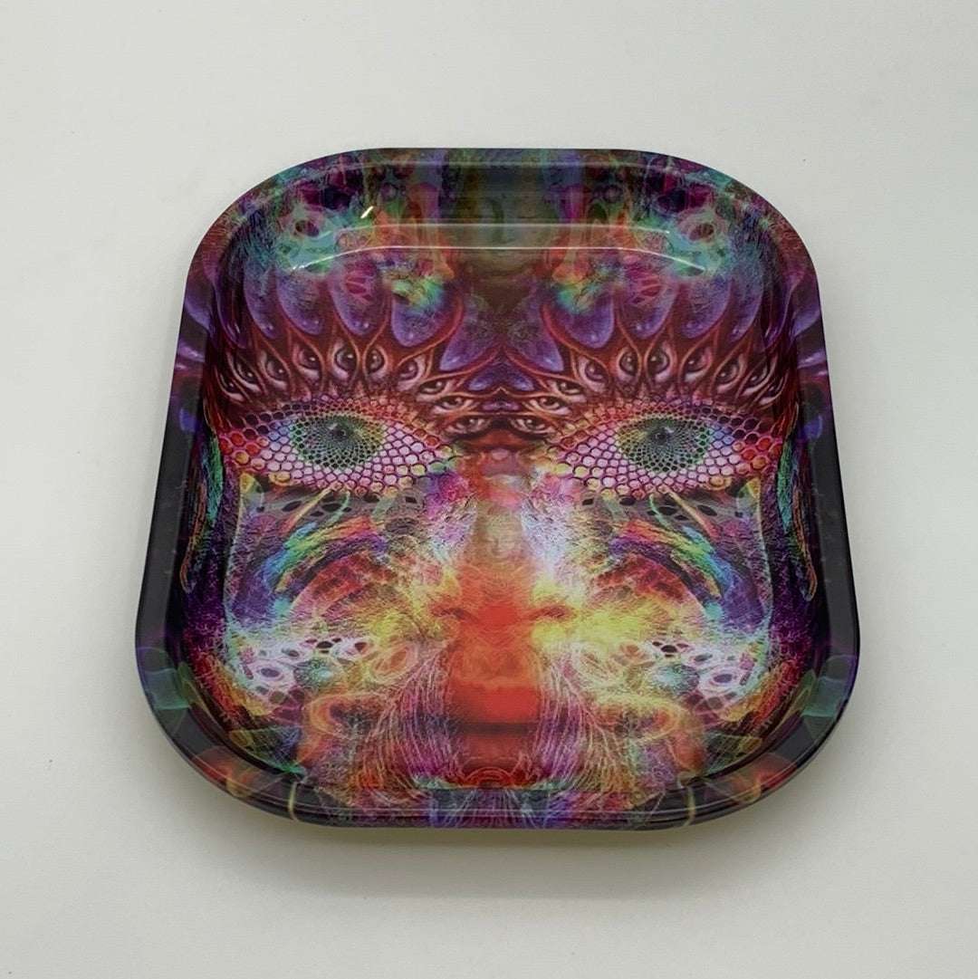 Colorful metal rolling tray with bold artwork, 7" x 5.5", curved rim design.