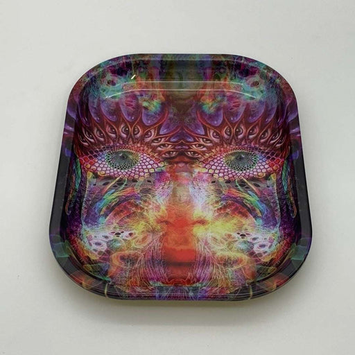 Colorful metal rolling tray with bold artwork, 7" x 5.5", curved rim design.