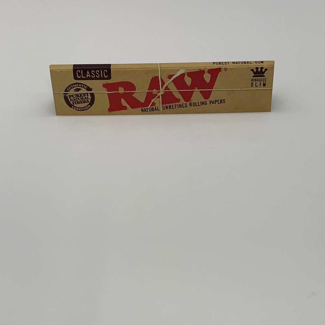 RAW Classic King Size Slim Rolling Paper Brown pack with natural unrefined papers and 32 leaves per pack