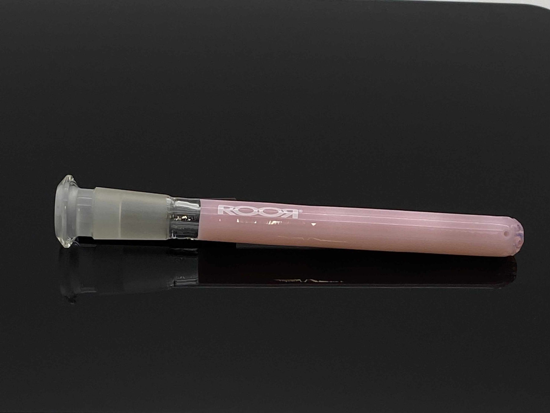 ROOR® 13-hole diffused low-profile 5-inch pink downstem with 18mm female joint and 14mm bowl reducer on black background