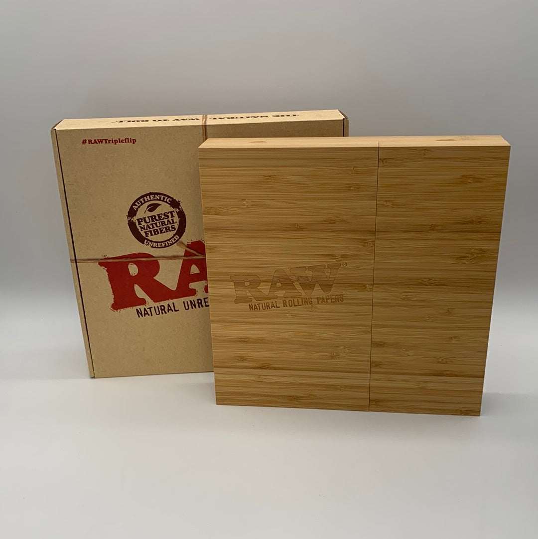 RAW Triple Flip Rolling Tray made of natural wood with packaging box in background