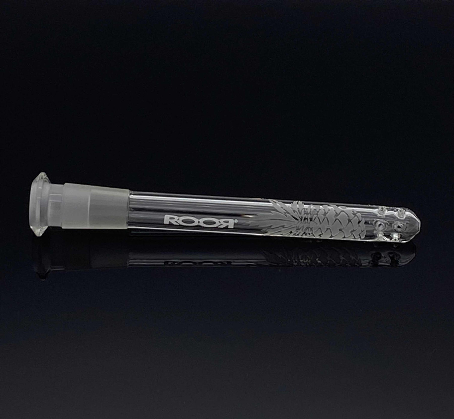 ROOR® Pineapple Design Sandblasted Diffused Low-Profile Downstem 4 ¾” with 13-hole diffusion, fits 18mm to 14mm bowls.