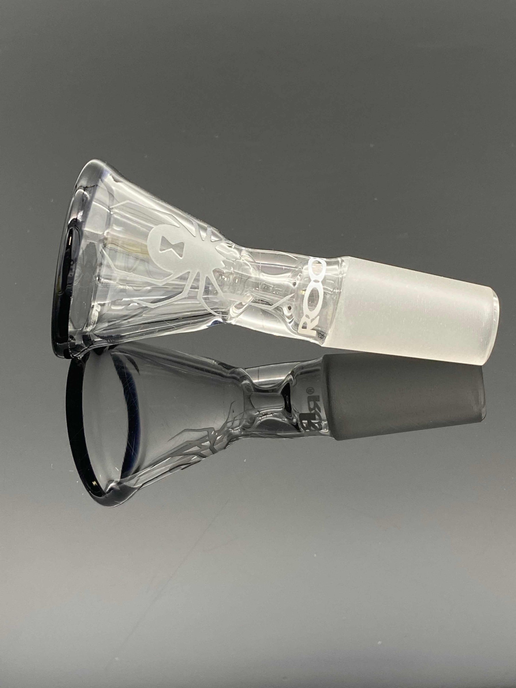 ROOR Strains Collection 14mm Sandblasted White Widow funnel bowl with black rim and frosted joint