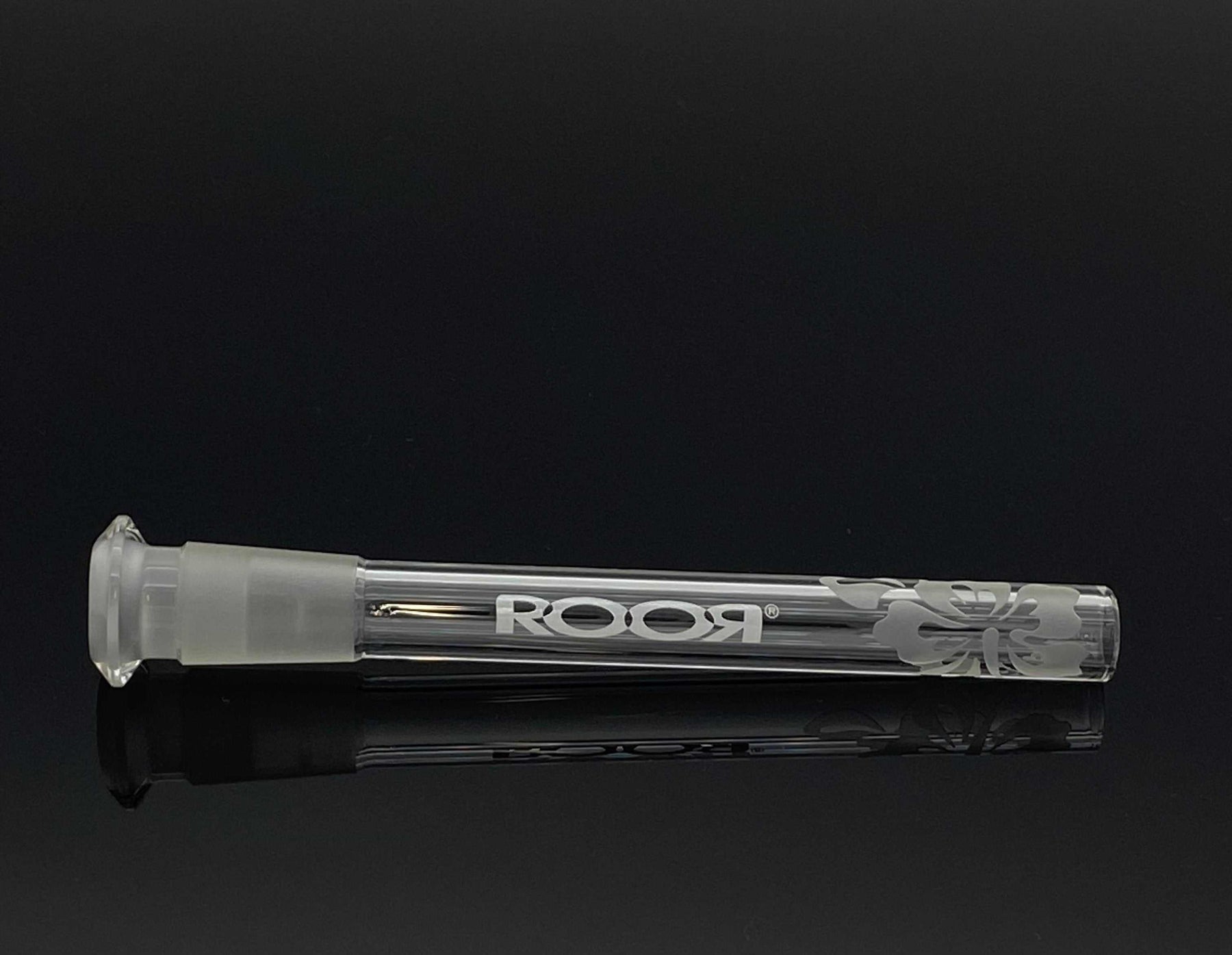 ROOR® Sandblasted Floral Design Open Ended Reducing Low-Profile Glass Downstem 4 ½” on black background
