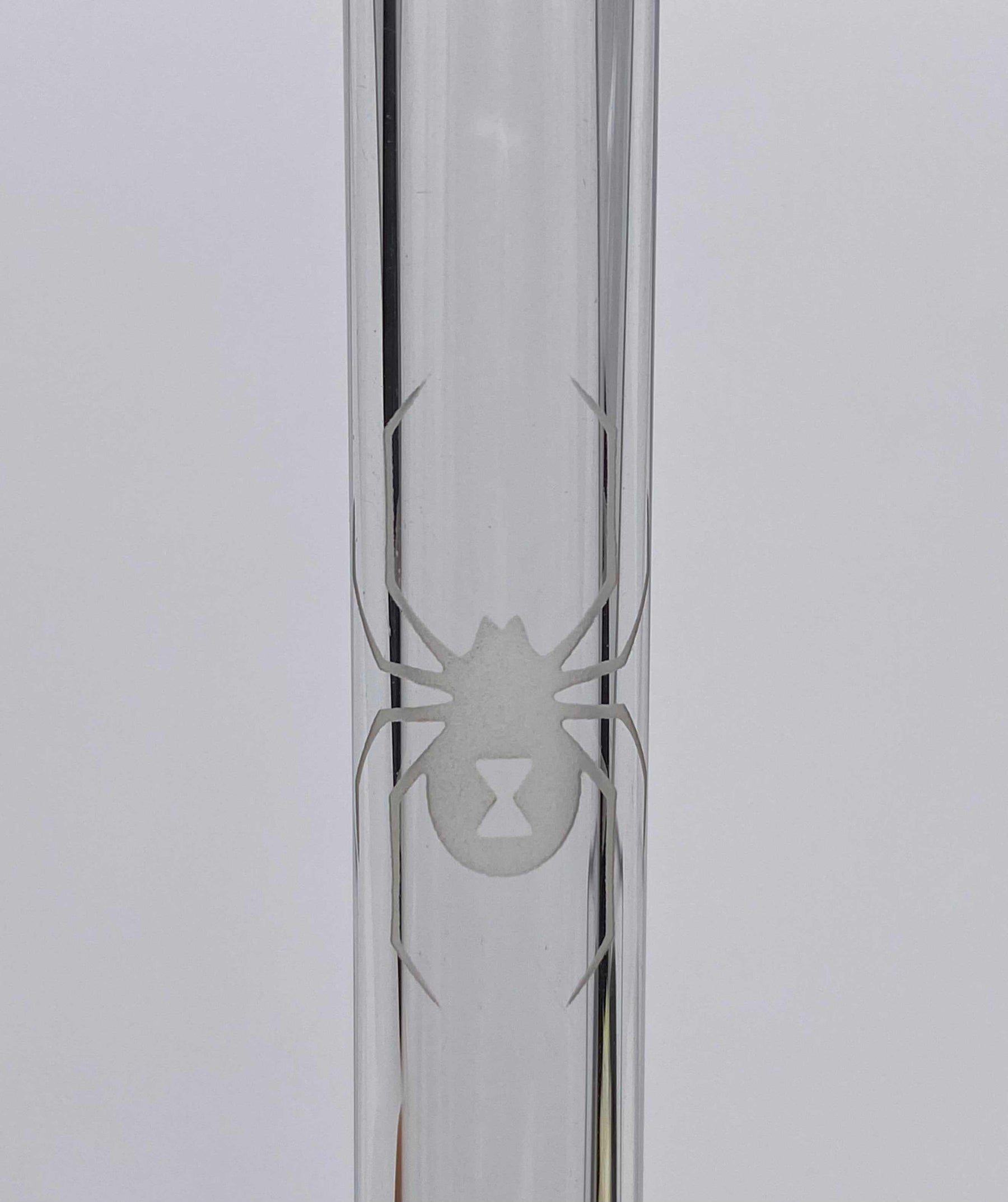 ROOR® STRAINS White Widow sandblasted spider design on clear glass downstem 5 ¼" reducing low-profile open ended