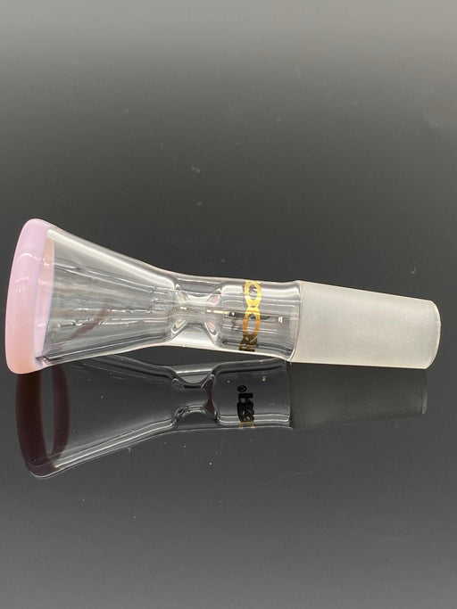 ROOR® Custom Colored Rim 14.5mm male joint pink funnel bowl with gold decal on black background