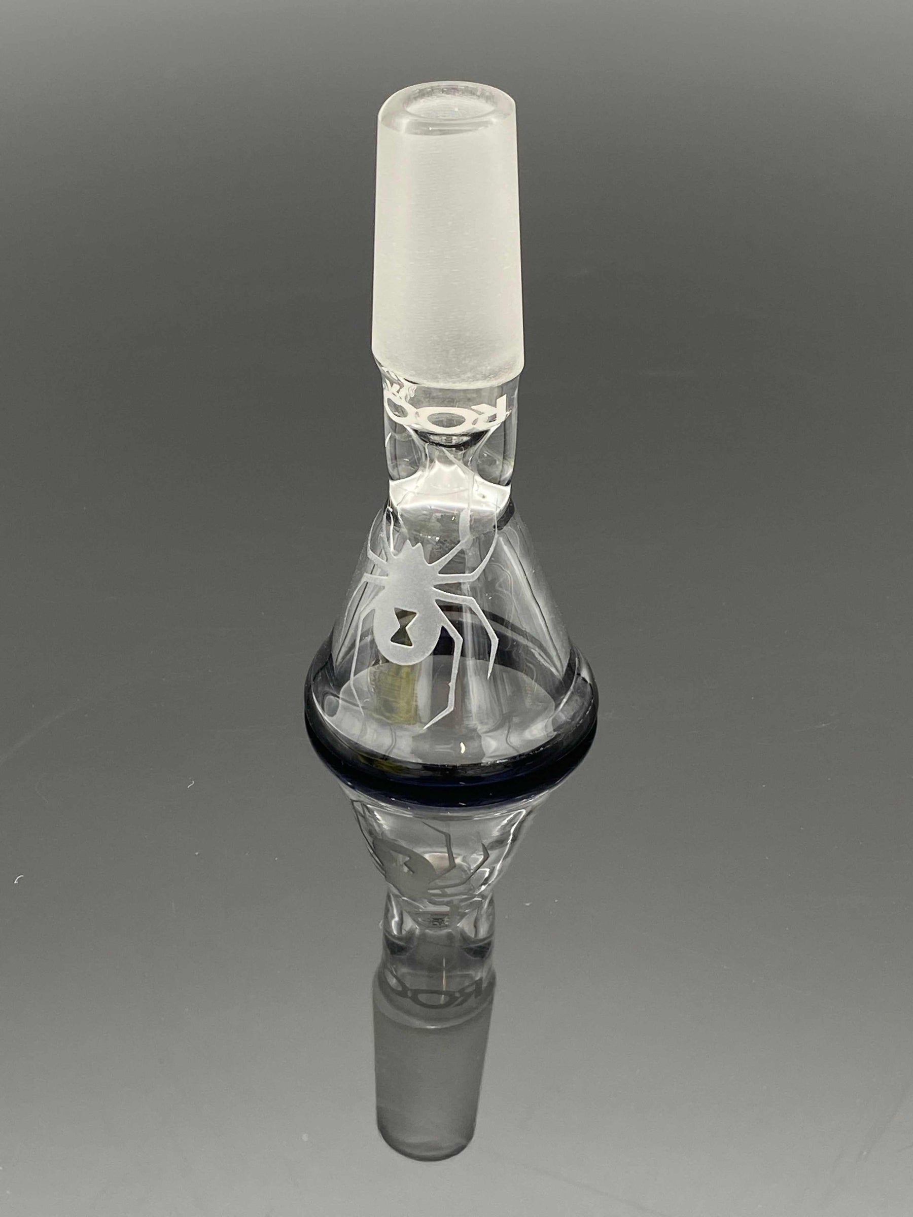 ROOR Strains Collection 14mm sandblasted White Widow funnel bowl with black rim and spider design