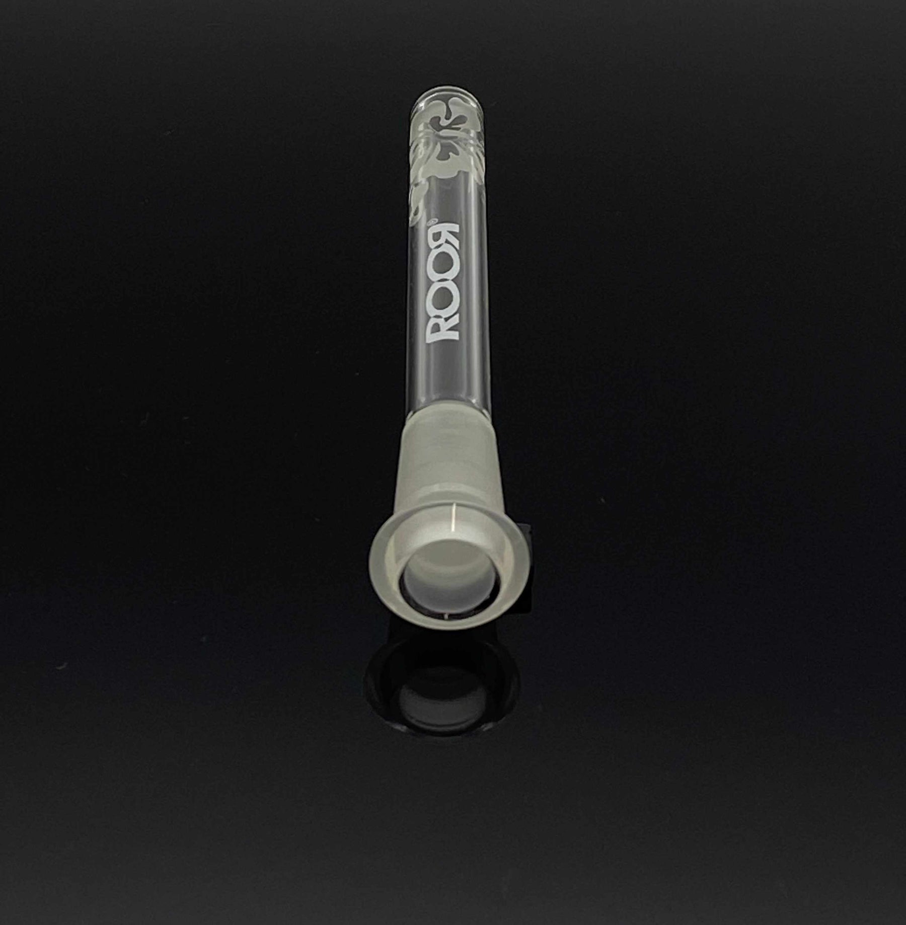ROOR® Sandblasted Floral Design Open Ended Reducing Low-Profile Downstem 4 ½” on black background