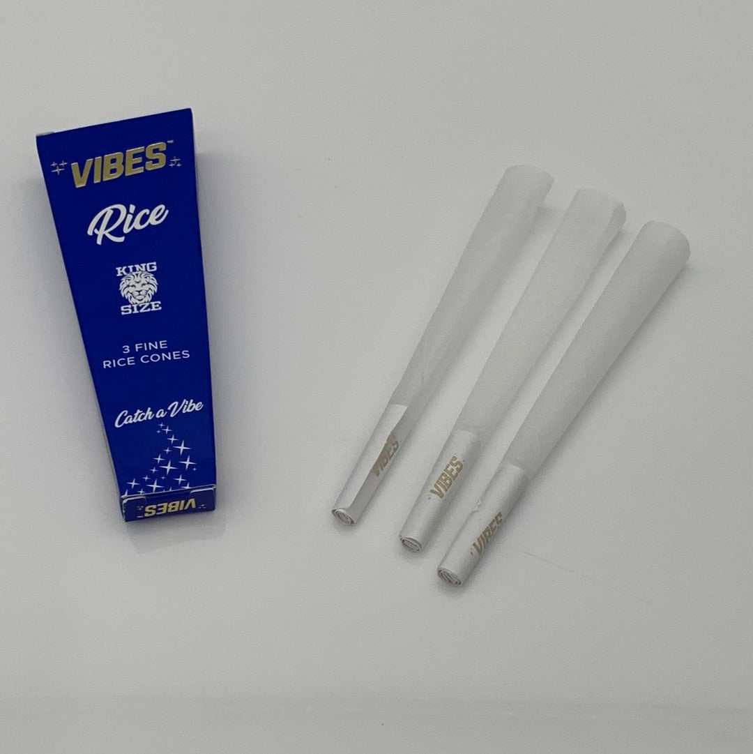 Vibes Fine Rolling Paper Rice Cones King Size package with three white rolling paper cones