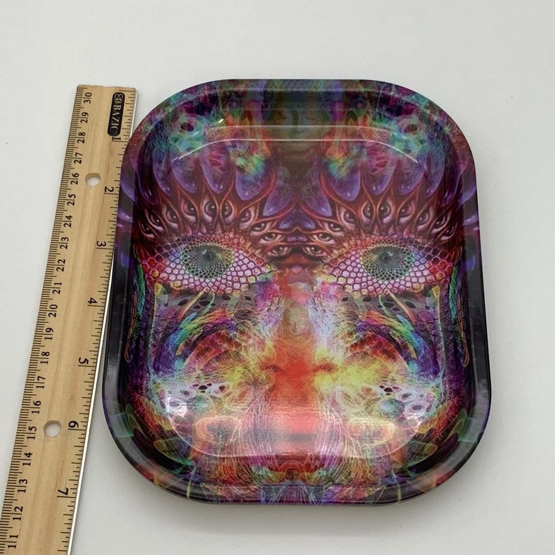 Metal Rolling Tray 7" x 5.5" with vibrant artwork and curved edges, next to a ruler for size reference.