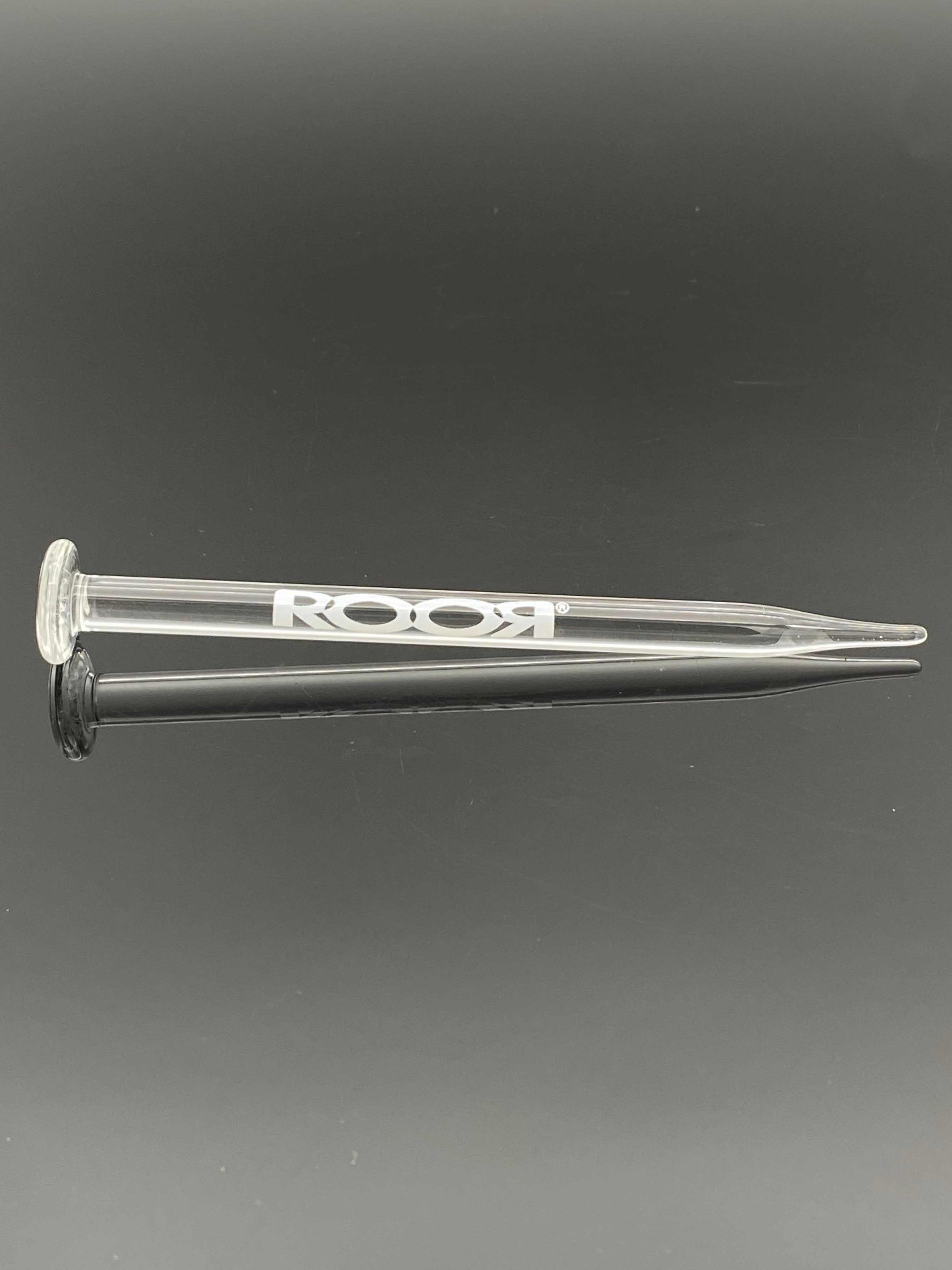 ROOR Glass Poker Disk-End made of durable clear laboratory-grade glass with flat disk end and white ROOR logo decal