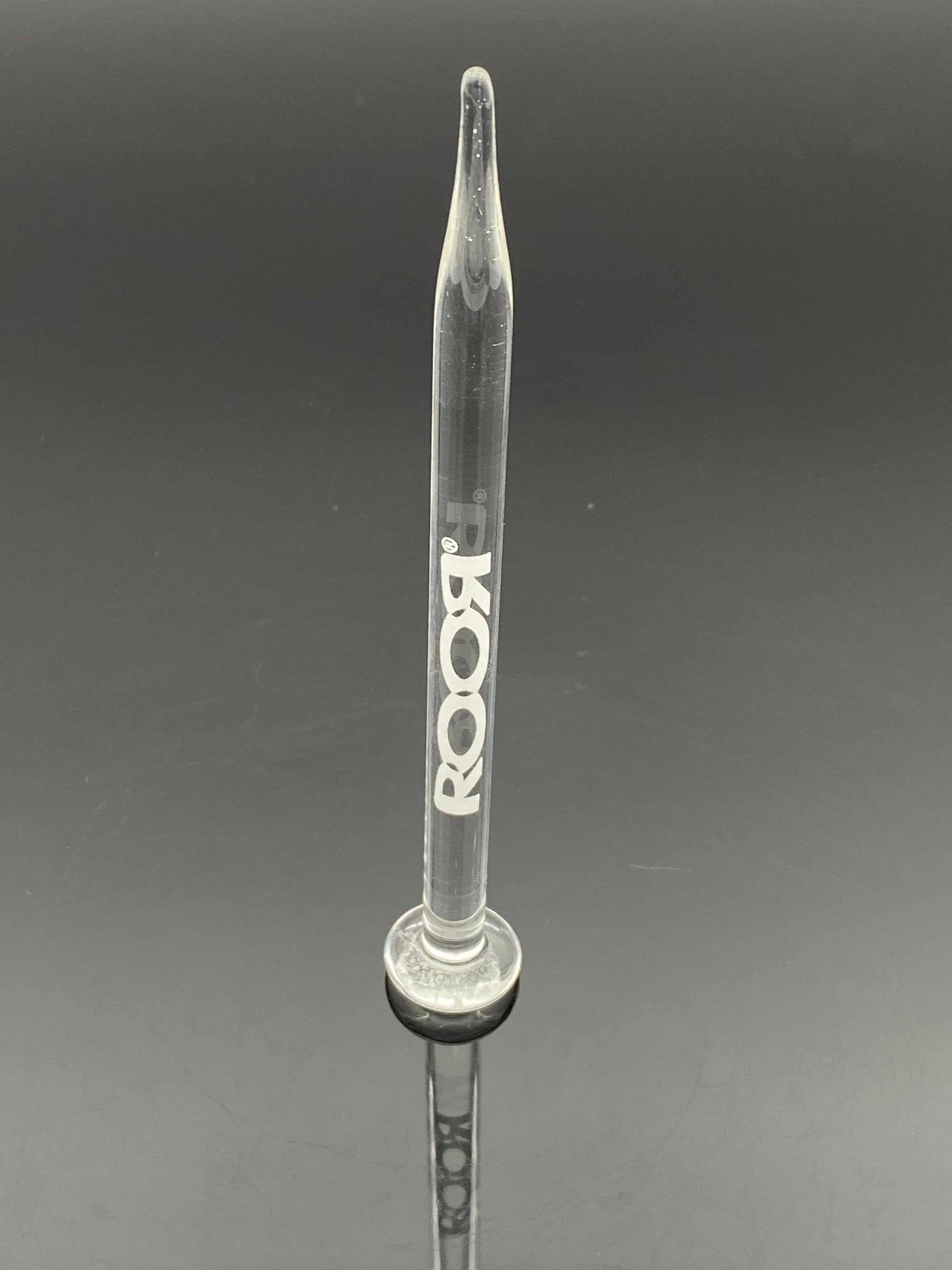 Clear ROOR Glass Poker Disk-End with white logo, made from durable laboratory-grade glass with flat disk end for grip and heat resistance.