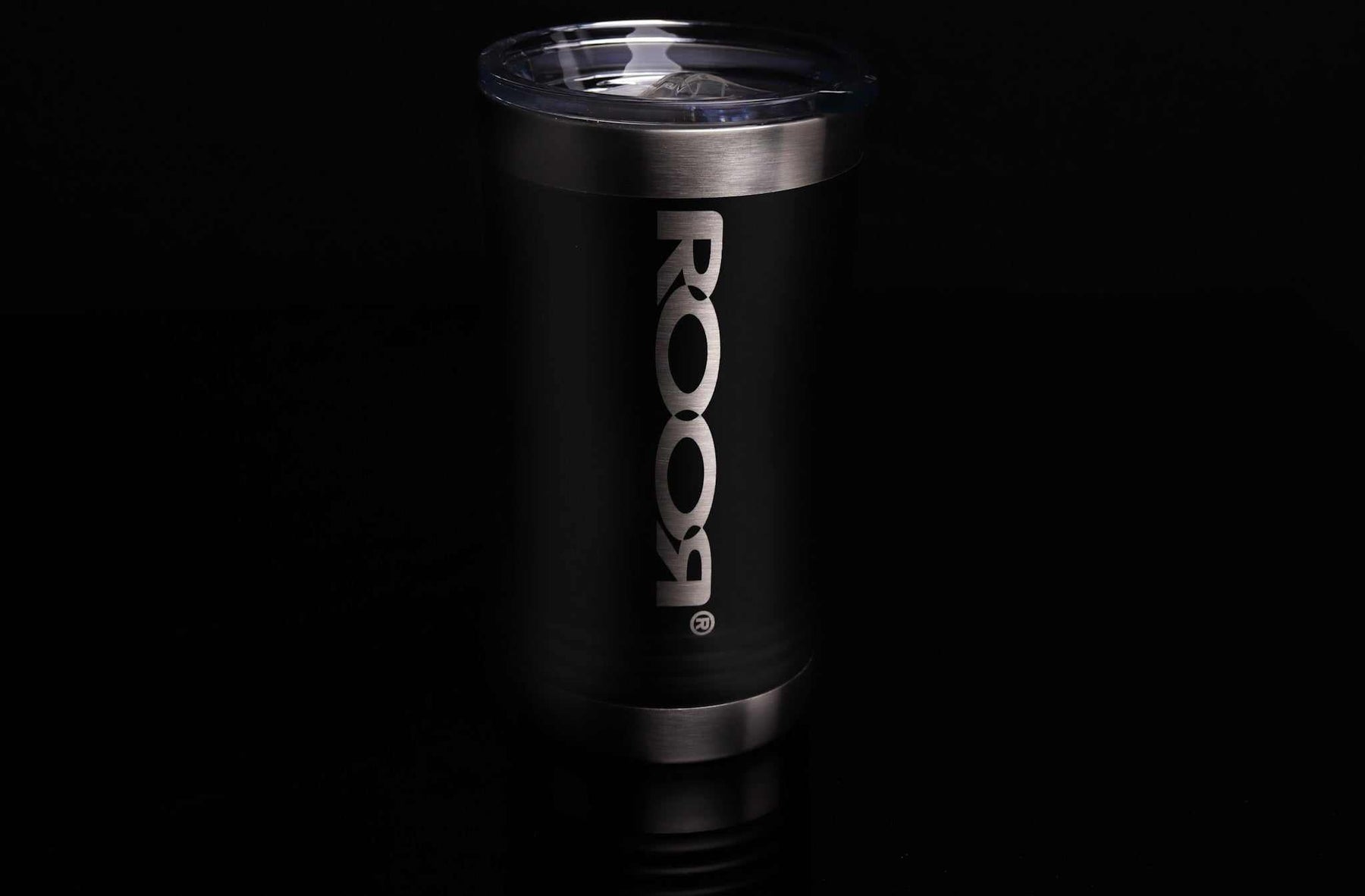 ROOR Tumbler 16oz stainless steel laser-engraved black insulated tumbler with slider lid on black background