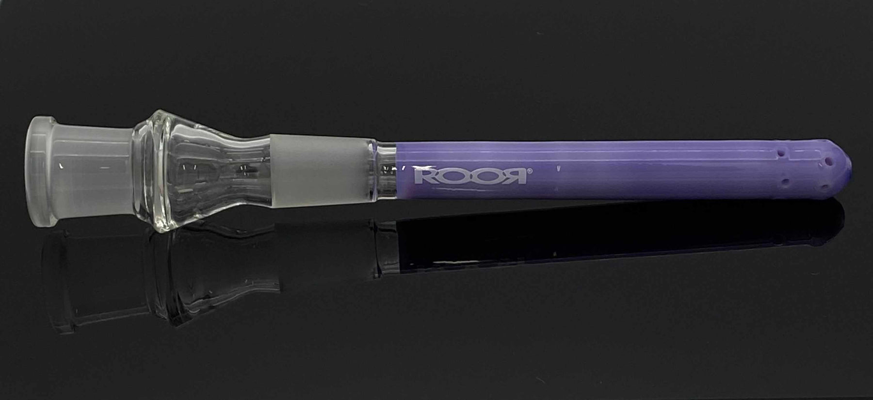 ROOR® purple 13-hole diffused classic style downstem 4¾ inches with glass joint on black background
