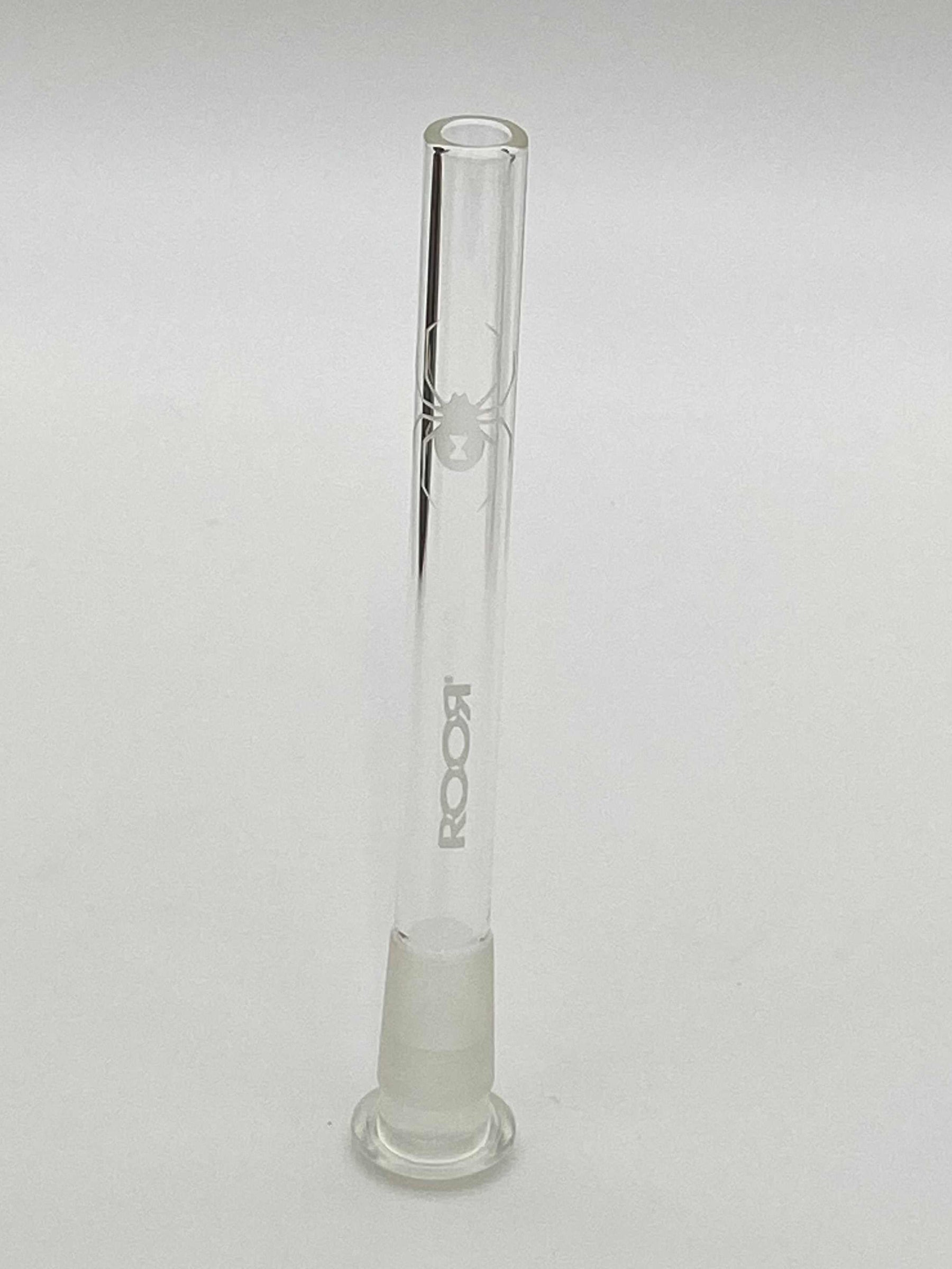 ROOR® STRAINS White Widow sandblasted clear glass reducing downstem 5 ¼" with open ends and low-profile design