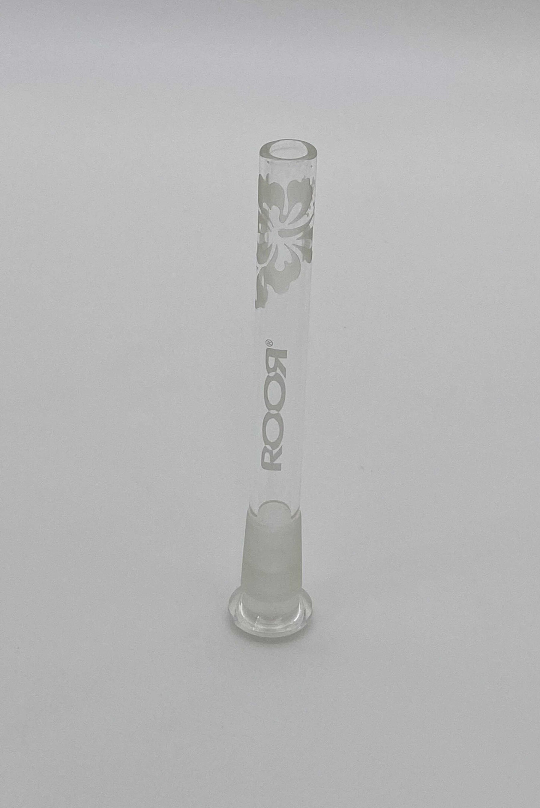 ROOR® sandblasted floral design open ended reducing low-profile 4.5-inch glass downstem with white decal