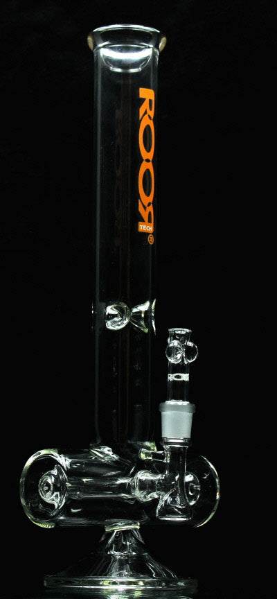 ROOR® Tech 18” Inline 50x5mm Clear glass water pipe with orange logo and built-in ash catcher.